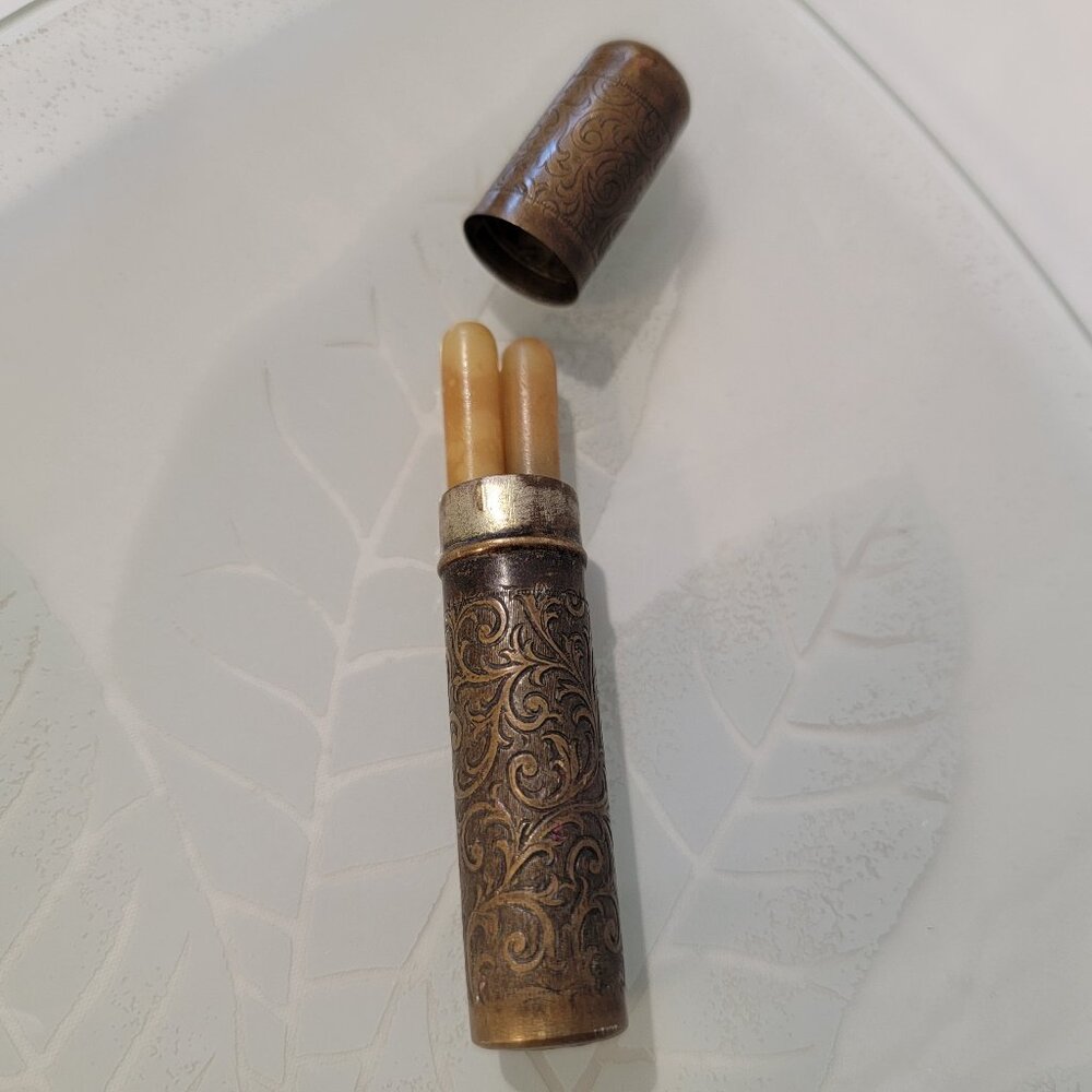 Whimsical Gold Colored  Manicure Case and 2 Pieces 1930s